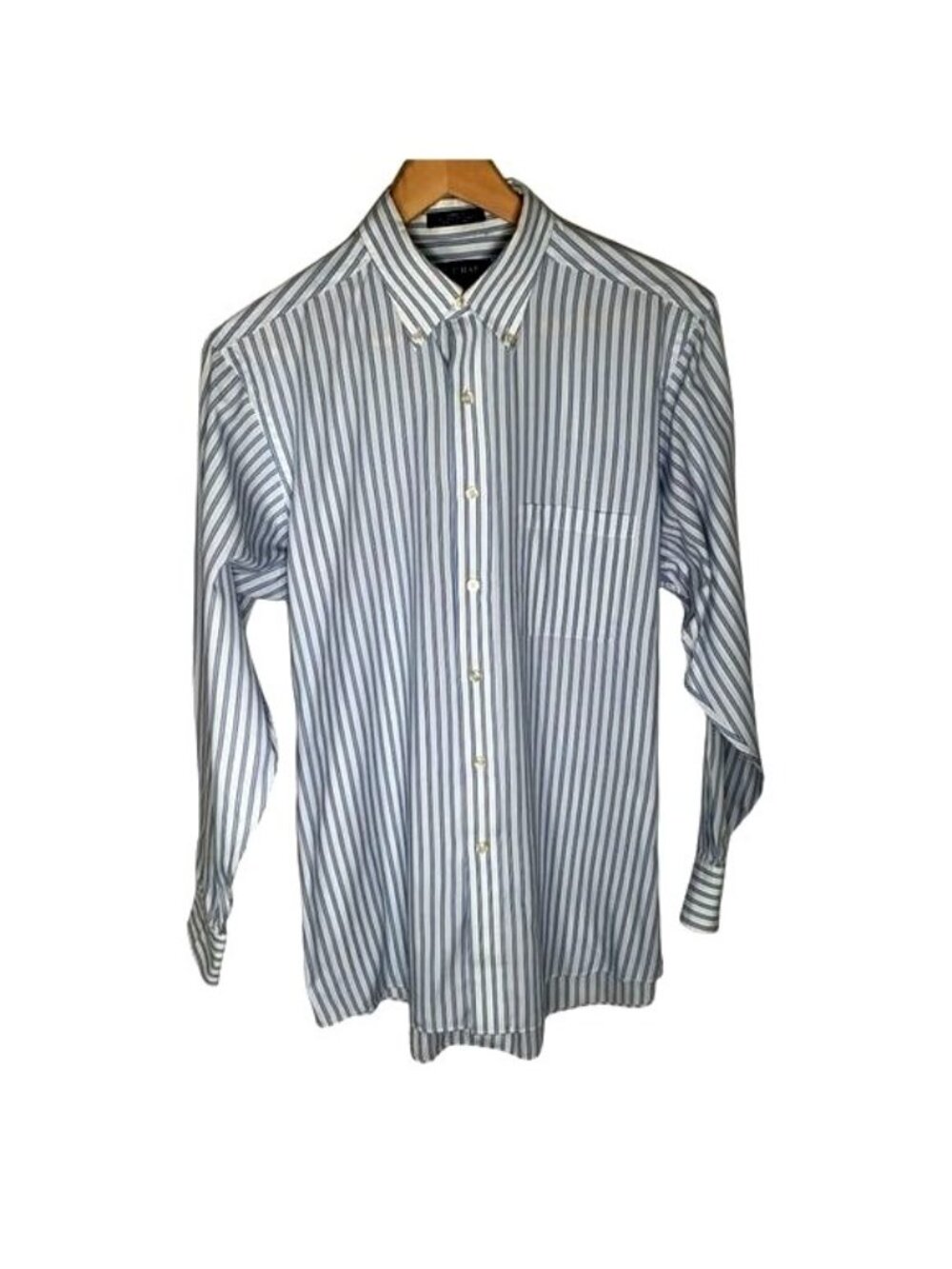 Chaps Mens Striped Button Down Shirt Medium Blue White Long Sleeve